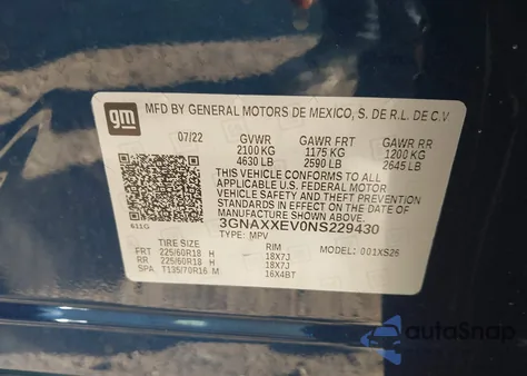 2022 Chevrolet Equinox Awd Premier из США, поврежденный, VIN 3GNAXXEV0NS229430